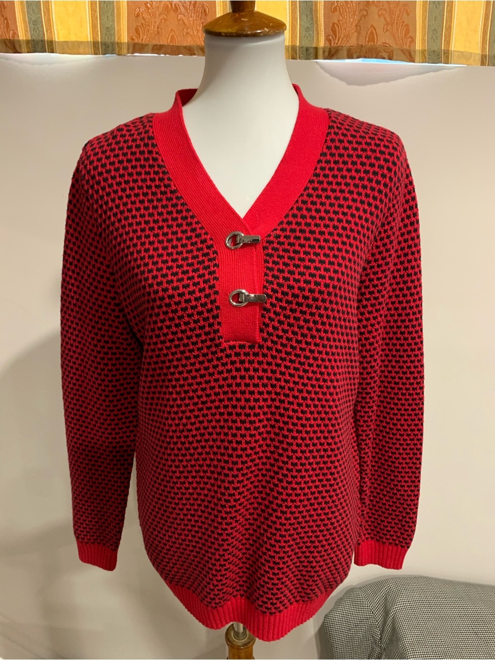Karen Scott Red and Black V-Neck Toggle Sweater